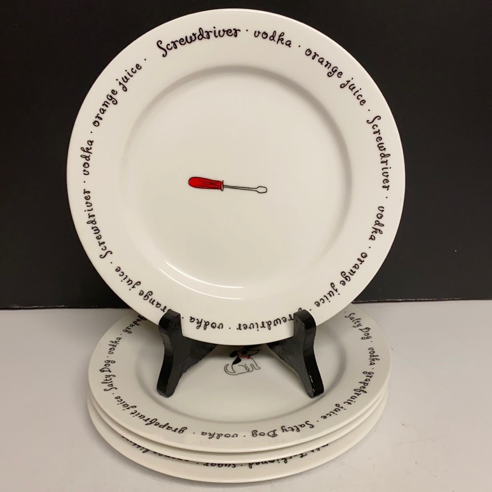 Pottery Barn Bar Lingo Cocktail Themed Appetizer Plates Set of Four 8”D